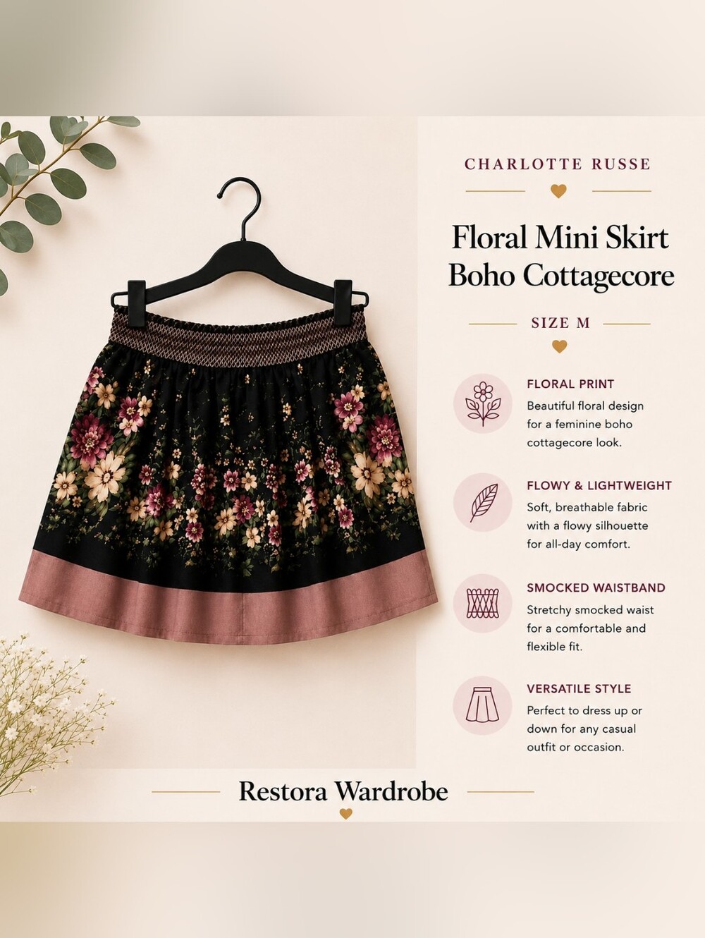 Charlotte Russe Floral Mini Skirt Black Pink Smocked Waist M Cottagecore